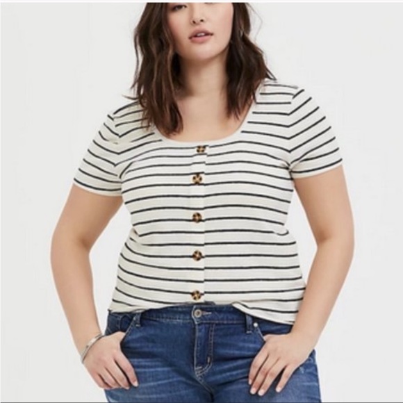 NWT Torrid Ivory & Black Stripe Rib Button Midi Tee Short Sleeve Preppy Size 2X - Picture 11 of 11